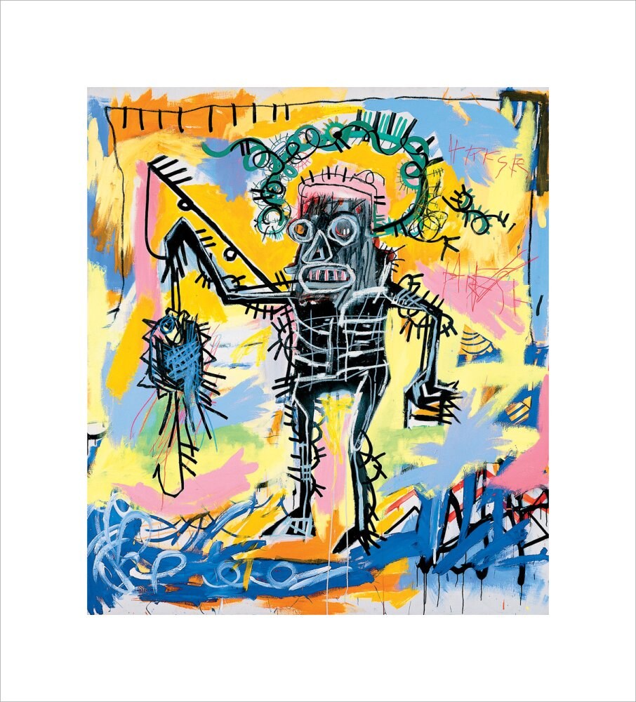 Print 'Fishing' by Jean Michel Basquiat on Monte Carlo 300gsm watercolour paper, showcasing vibrant colors and intricate details.